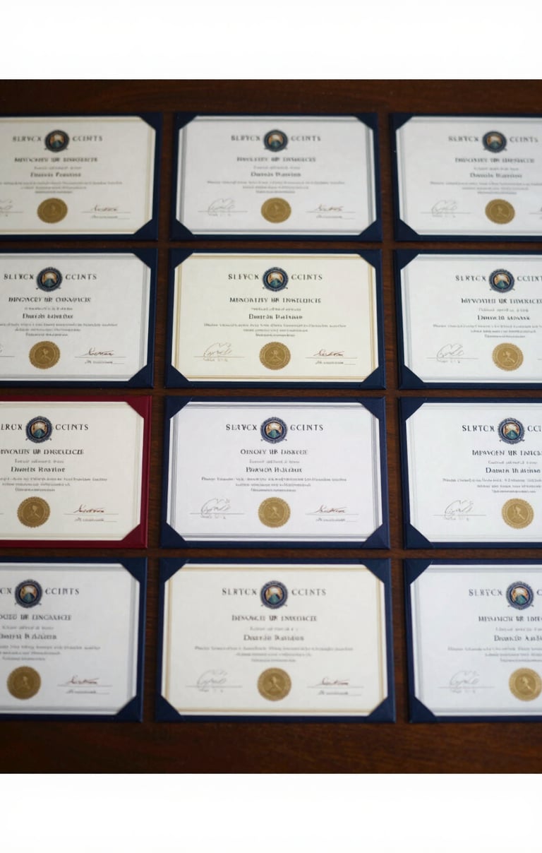 A collection of certificates and accolades arranged neatly on a dark wooden surface. The mood is one of established authority and long-term career success, featuring brand colors.