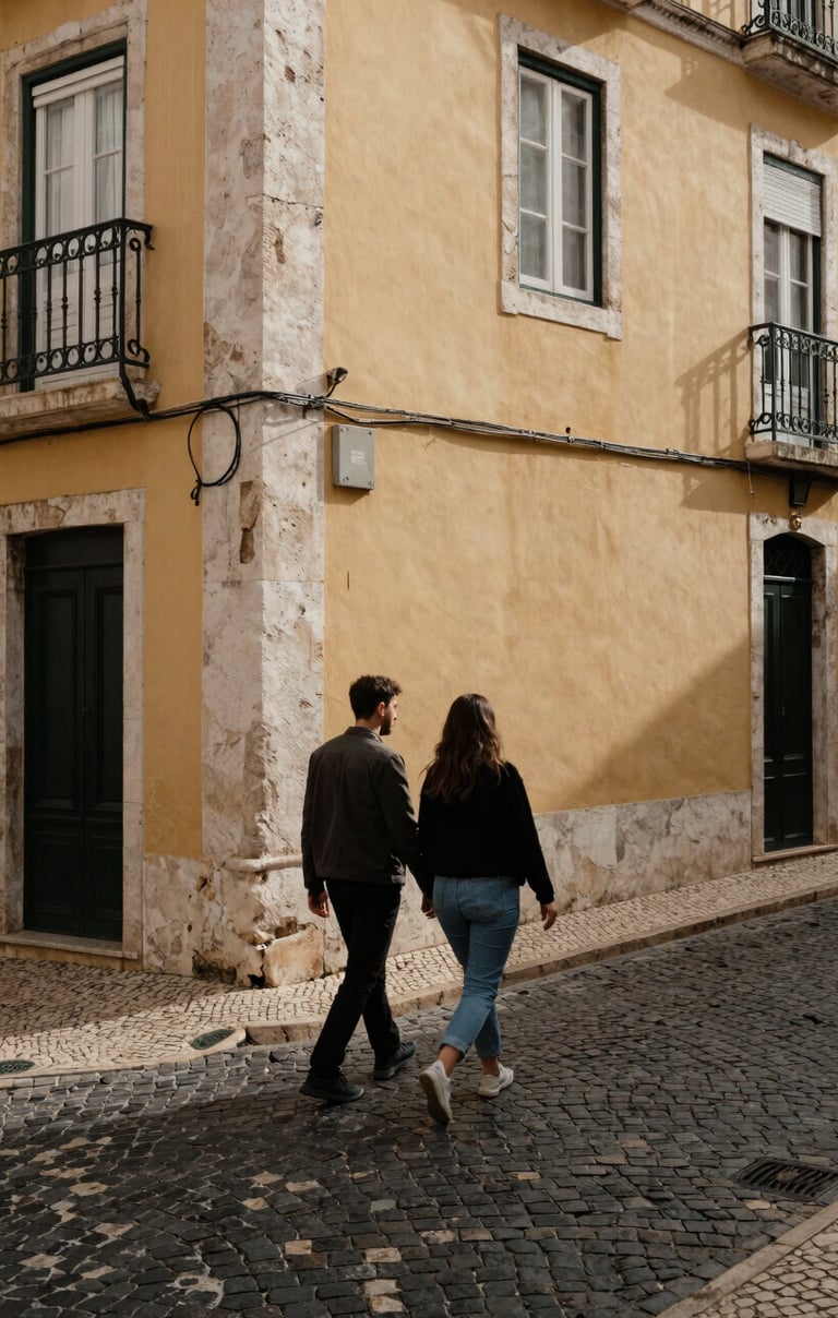 Spontaneous photography of a couple walking through a narrow cobblestone street in Alfama, Lisbon, European / Portuguese architecture, warm sand-colored walls, charcoal shadows.