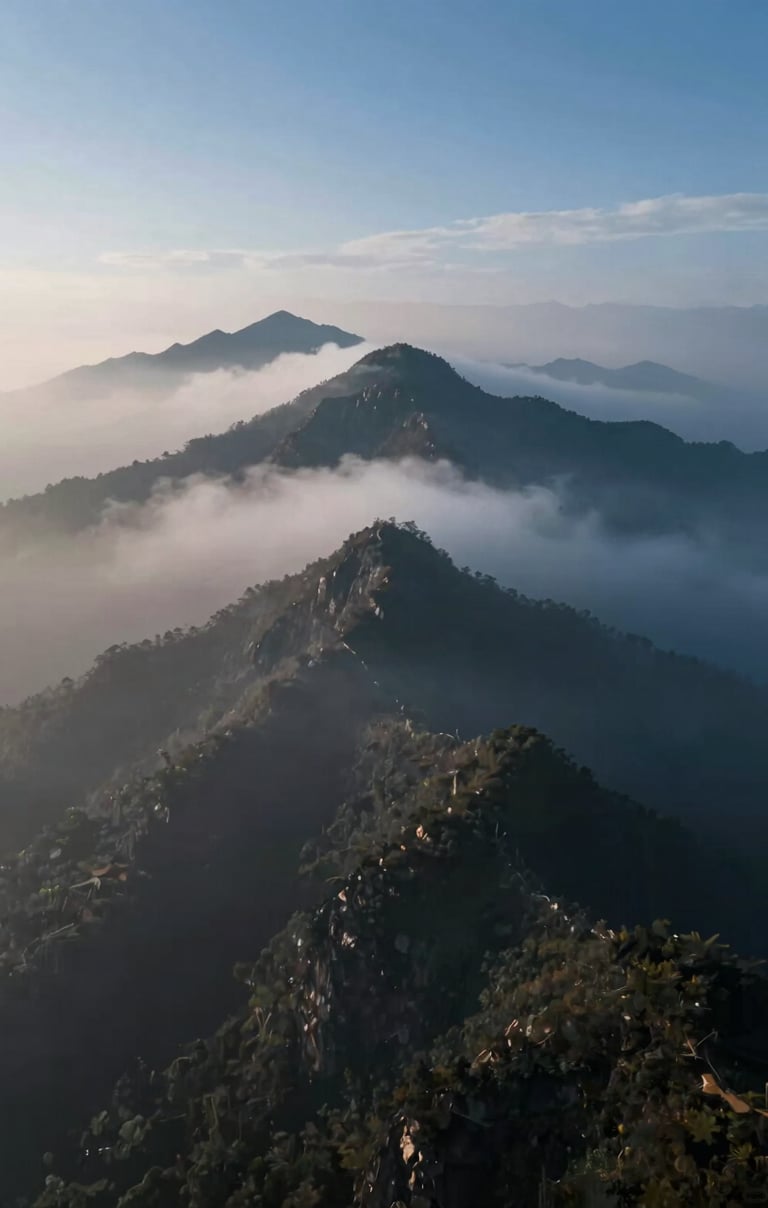 A breathtaking aerial drone shot of a misty mountain peak at dawn. Highly professional, dynamic mood. Incorporating #1B263B, #415A77, #A0B0C0, #E0E1DD.
