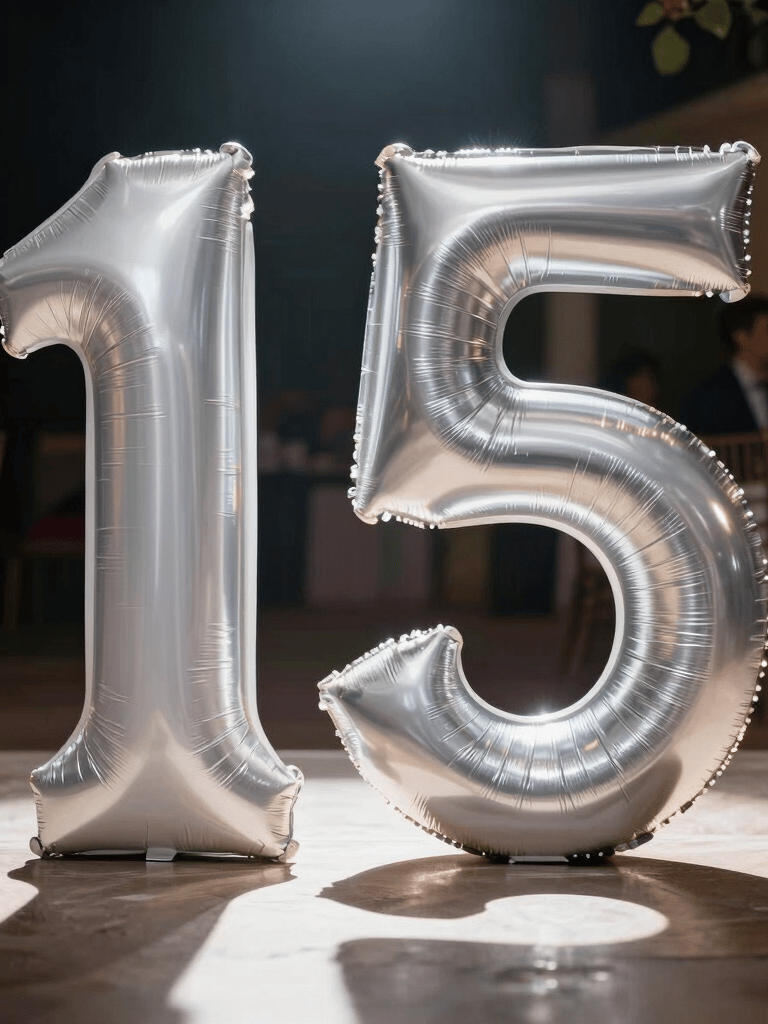 Artistic shot of a 15th birthday celebration, dynamic lighting with shadows, elegant white and silver details, cinematic South American party scene.