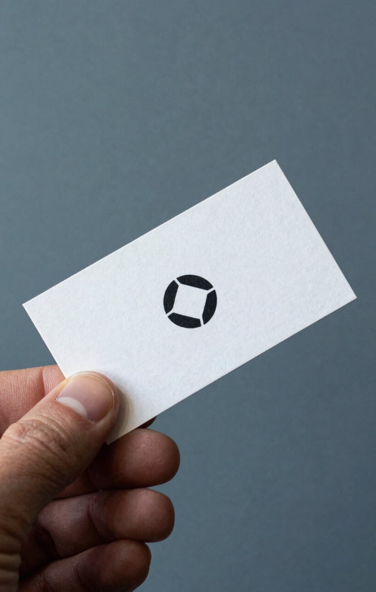 Close up of a professional business card with a minimalist logo, held by a hand in a South American / Brazilian setting, background of a muted steel blue wall.