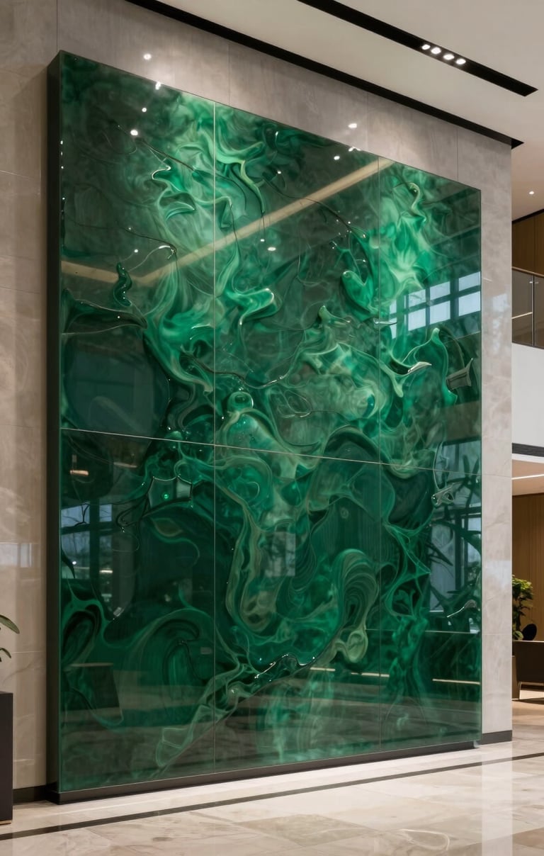 A sleek, modern corporate lobby in an International / Global business district featuring a large, glossy Deep Green resin wall sculpture that reflects soft ambient light.