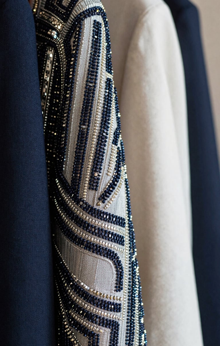 A close-up photograph of high-fashion garment textures, featuring intricate beadwork and metallic fabrics reflecting soft light, in shades of navy and off-white, North American / US setting.