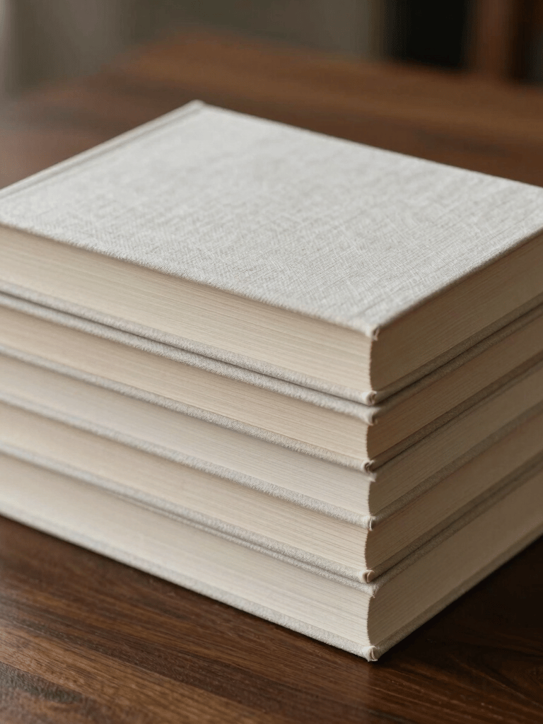 A stack of minimalist linen-bound books on a deep brown wooden table, soft morning light, sophisticated and quiet atmosphere, International / Western.