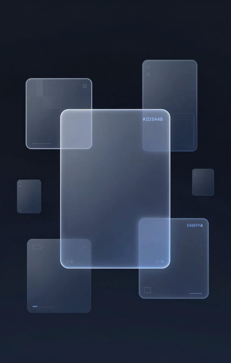 A conceptual spatial AR interface overlay against a dark studio background, featuring transparent UI cards and delicate wireframes. The visual tone is sophisticated and cutting-edge, utilizing #2D3A4B and #E6EFF5.