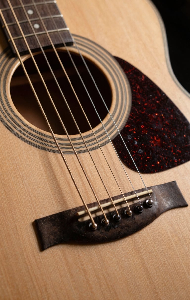 Acoustic guitar strings in sharp focus, warm muted clay lighting, professional artistic photography highlighting texture and craftsmanship.