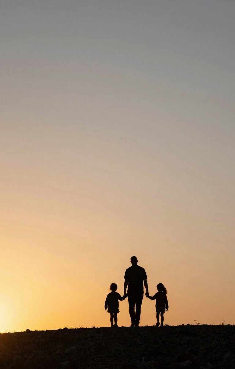 Silhouettes of a family walking together on a hilltop in the Spanish countryside during a warm, sun-kissed sunset, authentic and emotional narrative.