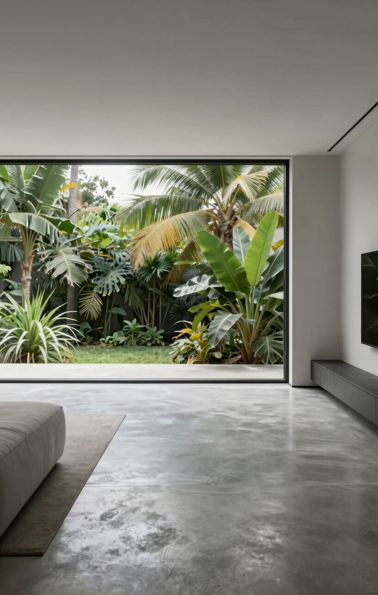 Minimalist interior of a modern apartment, light silver polished concrete floors, minimalist furniture, large window showing lush tropical greenery, soft natural lighting.