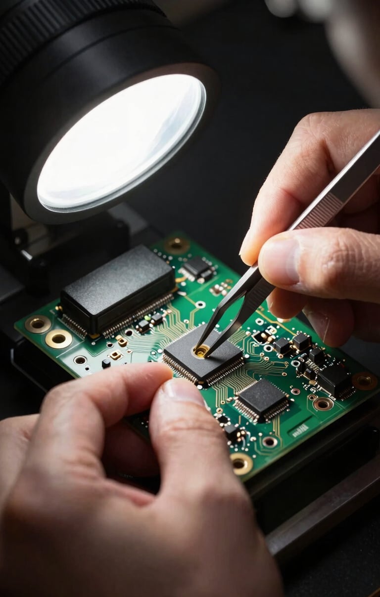 Extreme close-up overhead view of a technician's hands using tweezers to seat a detector module onto an XRF machine circuit board, bright studio strobe lighting, high contrast blacks and whites, no warm tones, precision industrial framing