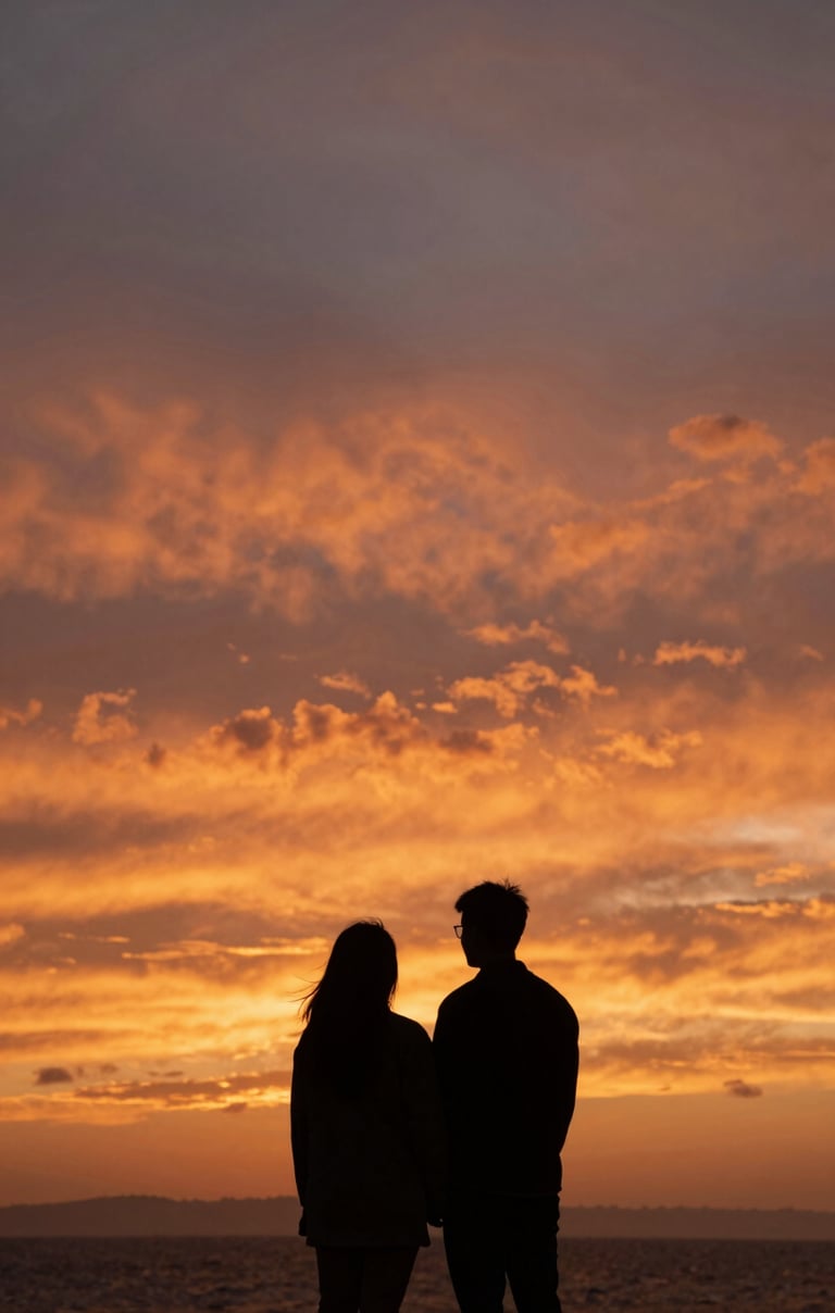 A silhouette of a couple against a terracotta orange sunset sky in a North American / US coastal environment.