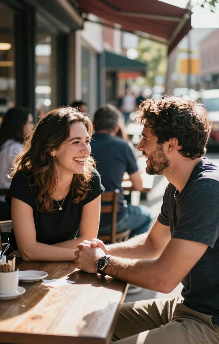 A candid shot of a couple sharing a laugh at a bustling North American sidewalk cafe, natural skin tones, sun-drenched atmosphere.