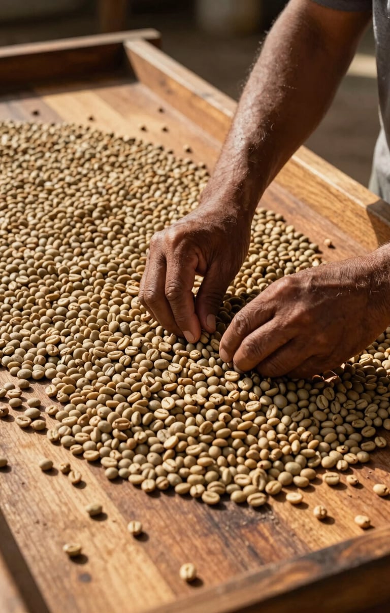 A South American / Latin farmer sorting dried coffee beans on a large wooden tray. Warm afternoon sunlight, high contrast, focused on the texture of the beans and the wooden grain. Authentic craftsmanship.