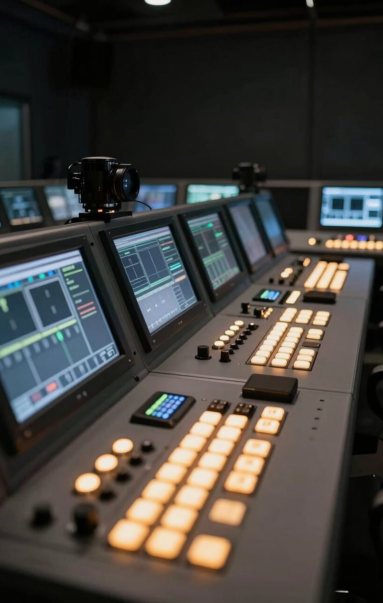 Interior shot of a high-tech film production control room. Glowing buttons and screens illuminate the professional equipment, emphasizing innovation and technical expertise.
