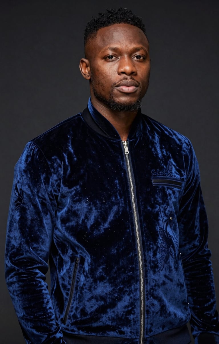 A striking portrait of P.E.P YLS wearing a custom #3D2C20 velvet jacket with subtle Nigerian embroidery, standing against a dark #0A0A0A backdrop, moody lighting.