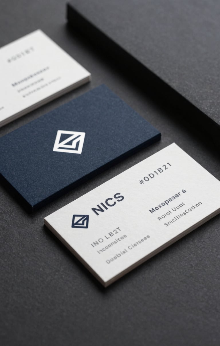 A close-up of high-quality brand materials, including a business card and a minimalist logo, laid out on a dark #0D1B2A surface. The style is sharp and sophisticated, showcasing refined professionalism.