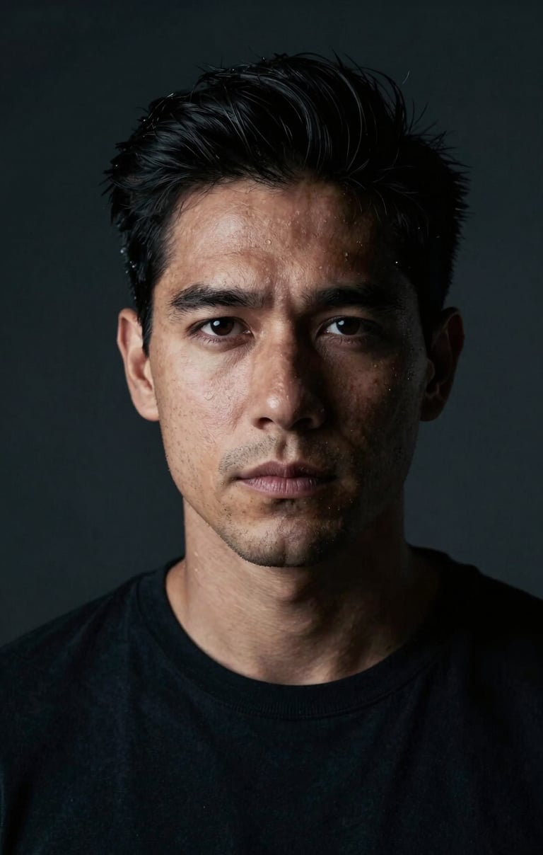 A dramatic portrait of a male actor in a dark studio setting, lit with high-contrast soft white light on one side of his face. Cinematic style, South American / Colombian artist.