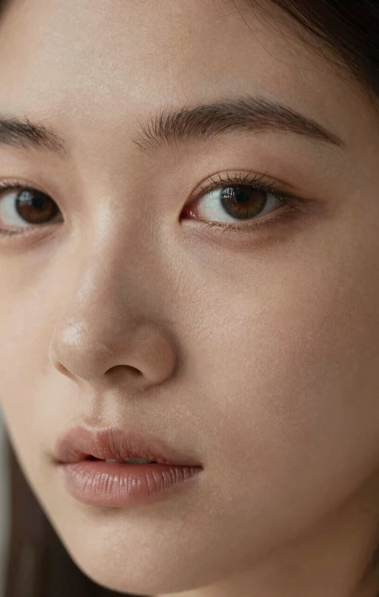 A close-up portrait focusing on expressive eyes and soft lighting, warm taupe and muted brown tones, shot in a North American / European creative studio.