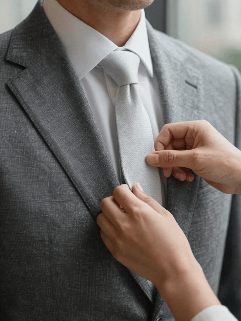 Lifestyle photography showing hands adjusting an elegant garment against a blurred urban background. Sophisticated and calm aesthetic in gray and white tones. International / Professional.