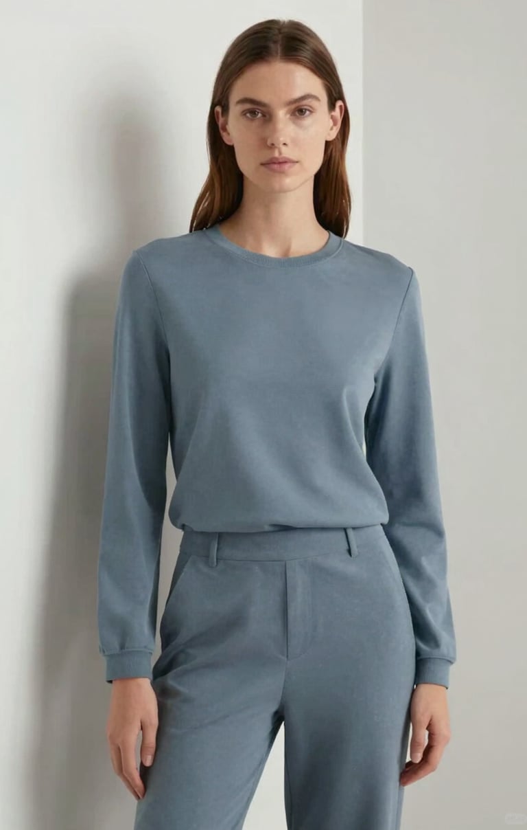 A stylish fashion model posing against a minimalist Scandinavian backdrop, clean lines, wearing contemporary outfit, natural textures, soft shadows, incorporating shades of #74A8AE.