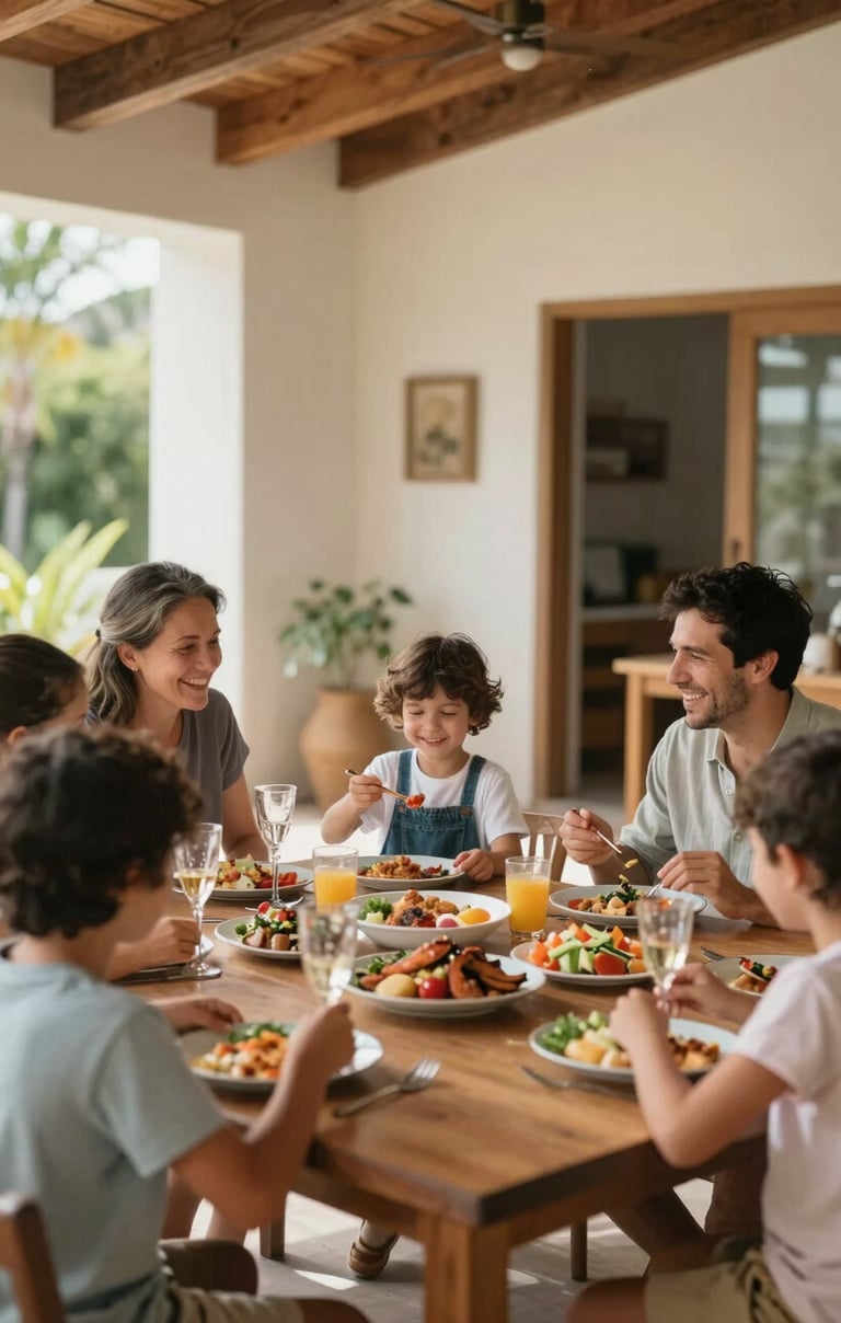 A family enjoying a meal together in an open-plan dining room, candid and joyful, with architectural details visible in the background.