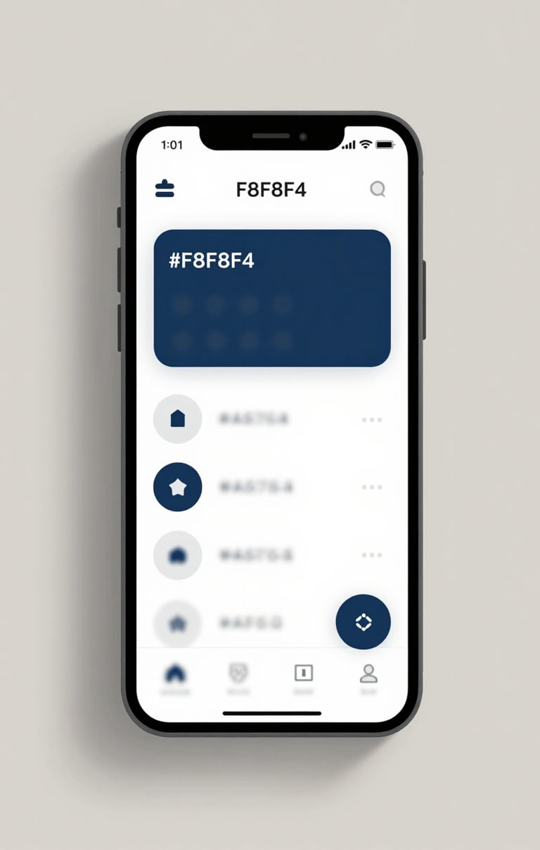 A clean, modern smartphone mockup displaying a sleek brand app interface. Strategic and professional design, using #F8F8F4 for the screen and #4A5763 for UI elements. Soft, neutral lighting.