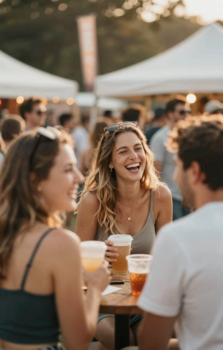 Candid shot of people laughing at a summer festival, warm golden hour lighting, cinematic atmosphere, incorporating #8C847E and #F2F1ED colors.