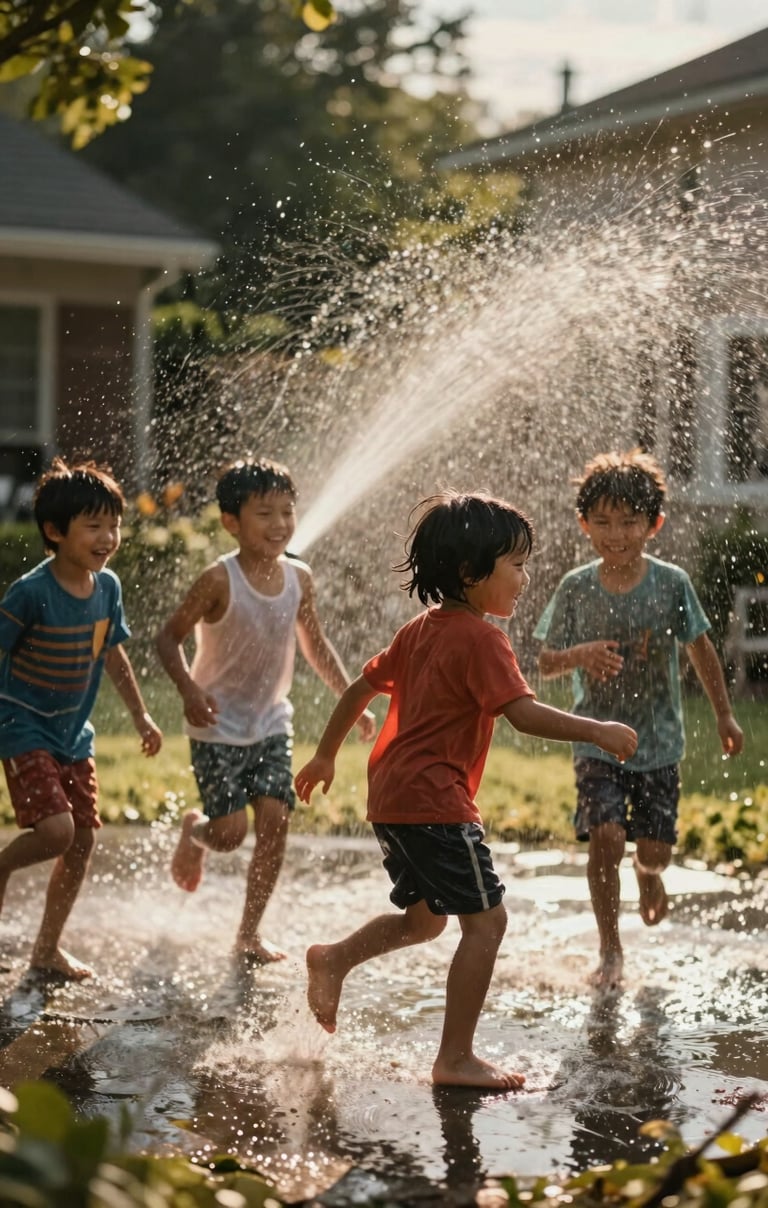 Children running through sprinklers in a North American backyard. Candid action shot, water droplets caught in golden light, cinematic lifestyle style.
