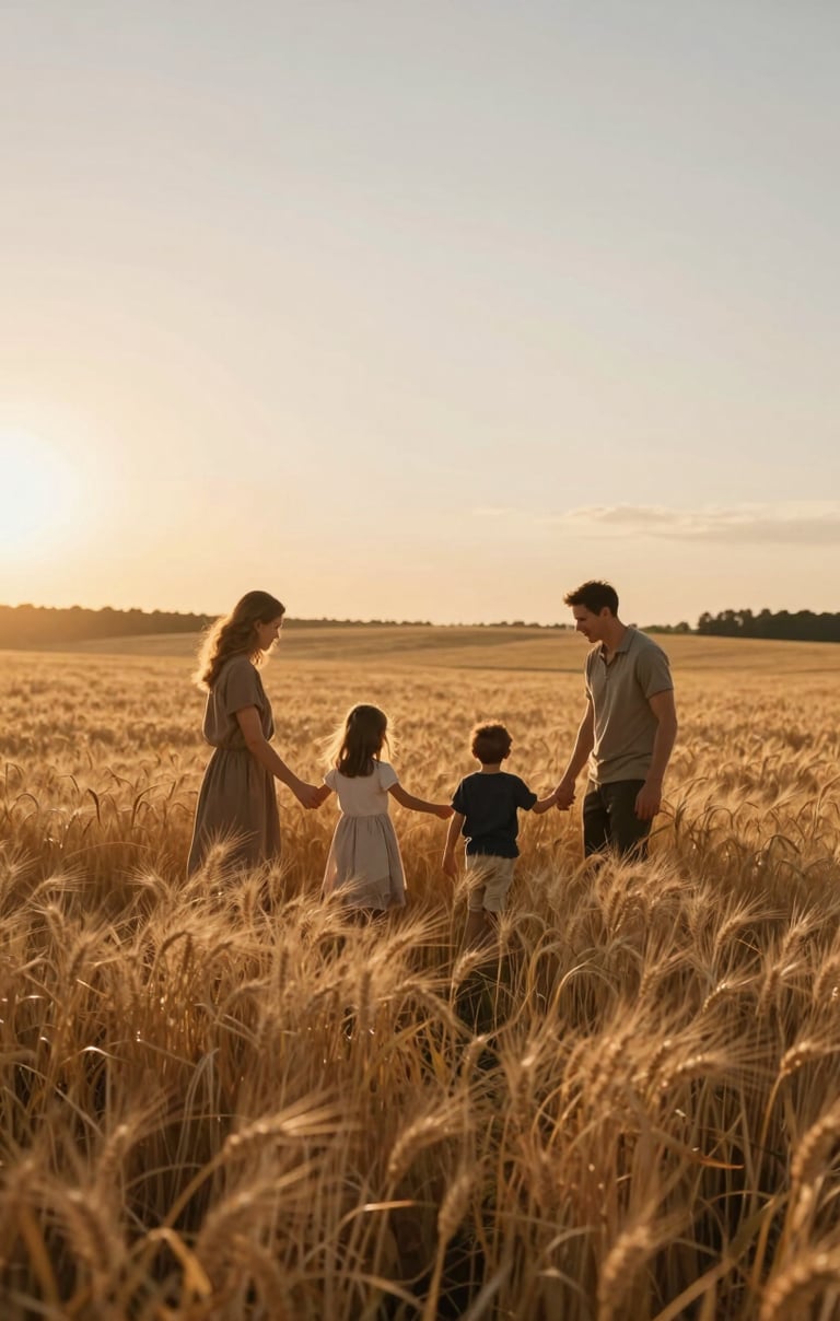 Wide shot of a family playing in a golden wheat field in the North American countryside during sunset. The lighting is cinematic and sun-drenched with warm earthy browns and soft sand hues.