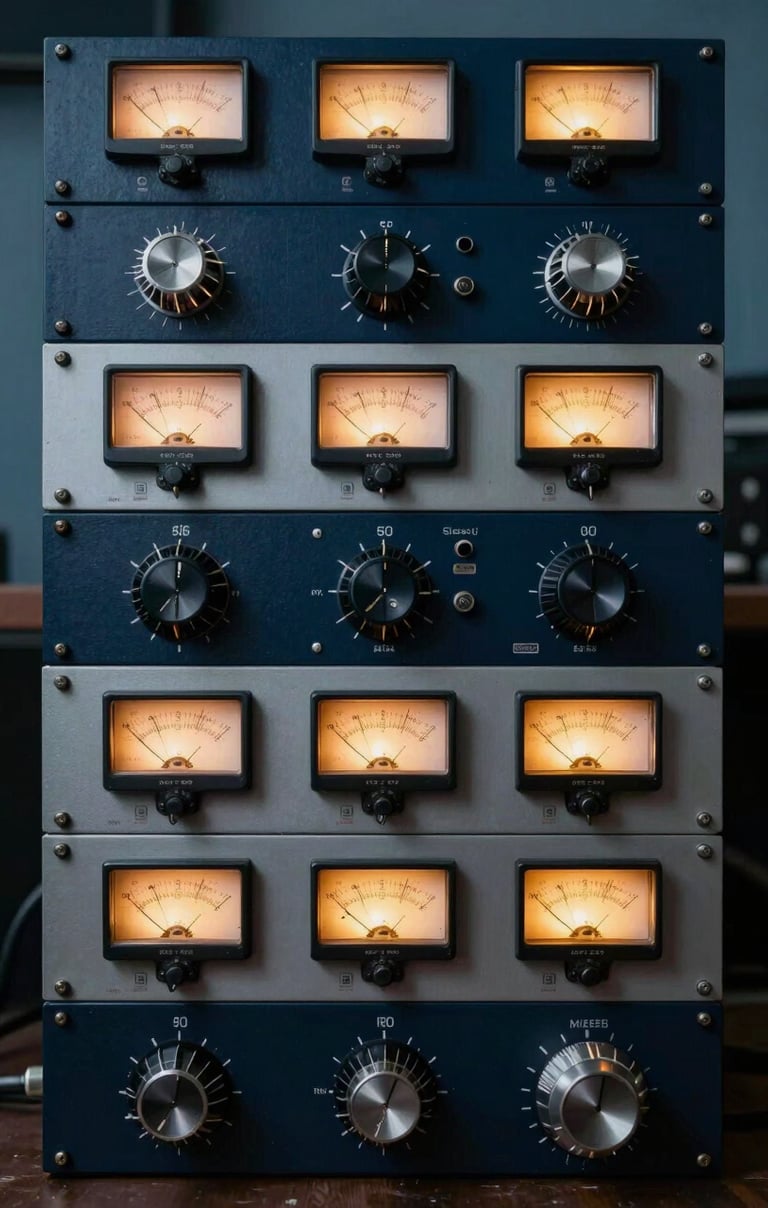 A vertical rack of analog compressors and pre-amplifiers with glowing VU meters. The lighting is technical and precise. Palette includes dark navy and muted blue. Southern European / Spanish studio gear.