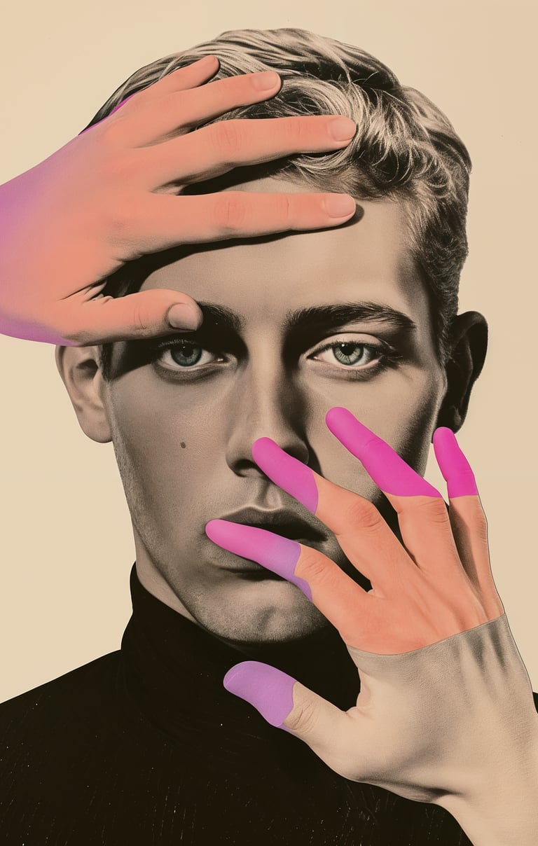 a man with a hand on his head, collage art, ai art, identity