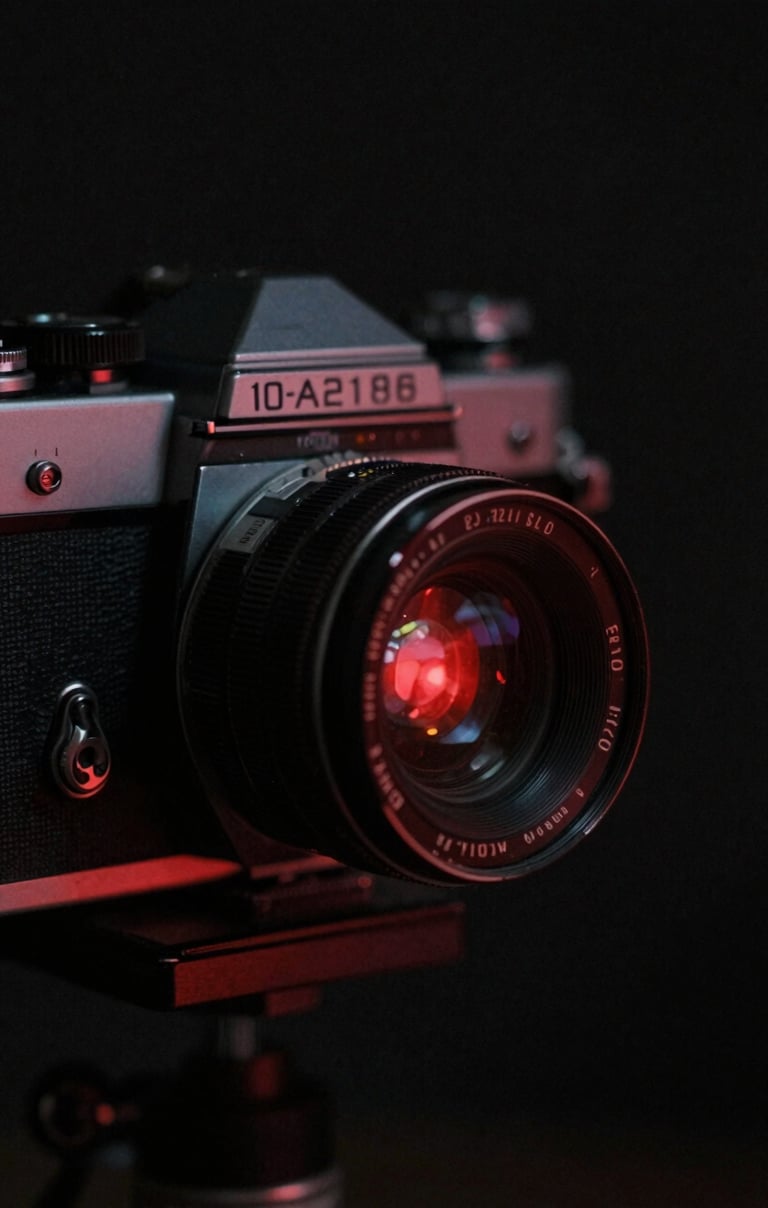 Close up of a 1960s film camera, high contrast noir lighting, deep black shadows #1A1A1A, grainy film texture, red #D4202B spotlight reflecting on the lens, Nouvelle Vague cinema vibe.