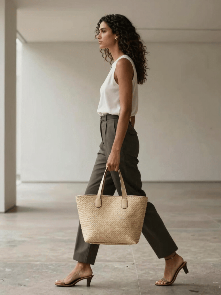 Sophisticated lifestyle photography of a Brazilian woman holding a minimalist woven beige bag, walking through an architectural gallery with clean lines and generous light. High-end editorial aesthetic.