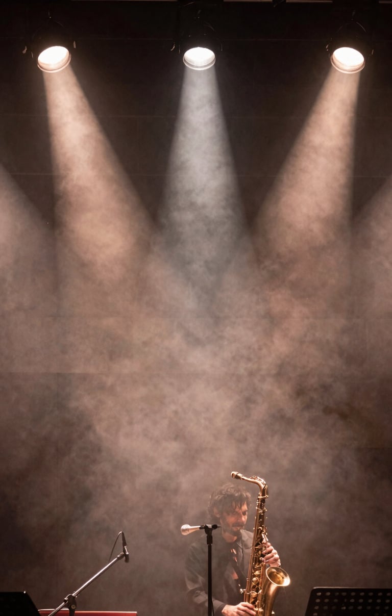 Atmospheric upward shot of stage lights through light haze, muted rosy brown and warm stone grey flares, professional photography in a North American / US jazz club.