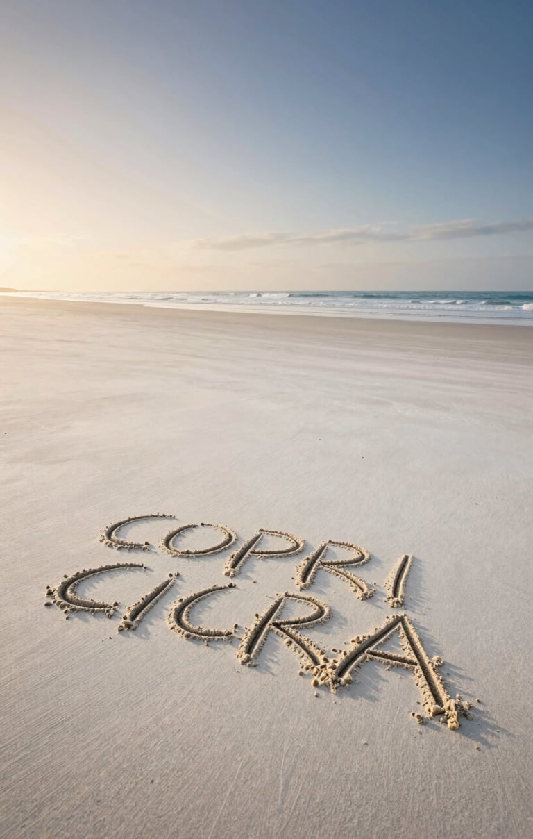 A wide cinematic landscape of a beach at dawn, soft sand off-white ground, a large-scale sand poem written in elegant script.