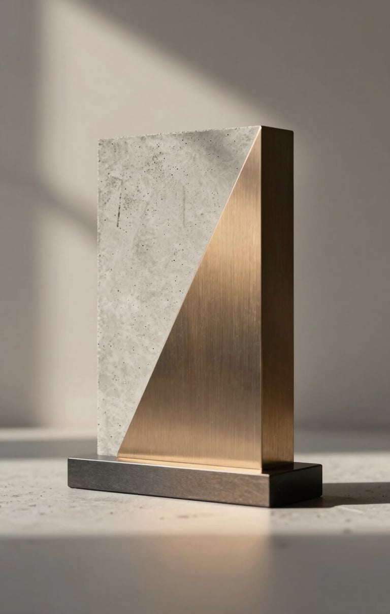Close-up of a minimalist architectural award, textured concrete and brushed metal, warm morning light, soft shadows #F9F7F2 #333333 #7C4E3A