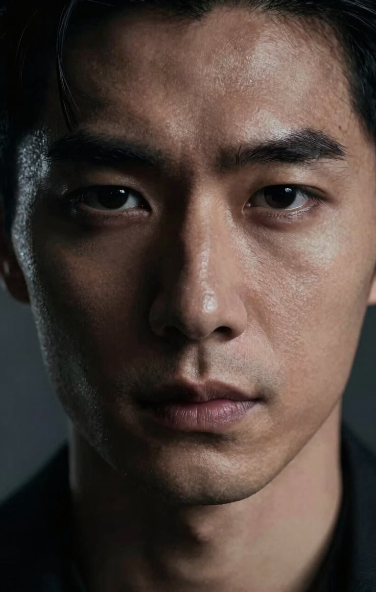 Close-up cinematic shot of a male model's face in deep shadow, heavy contrast lighting, moody atmosphere with hints of Charcoal Grey.