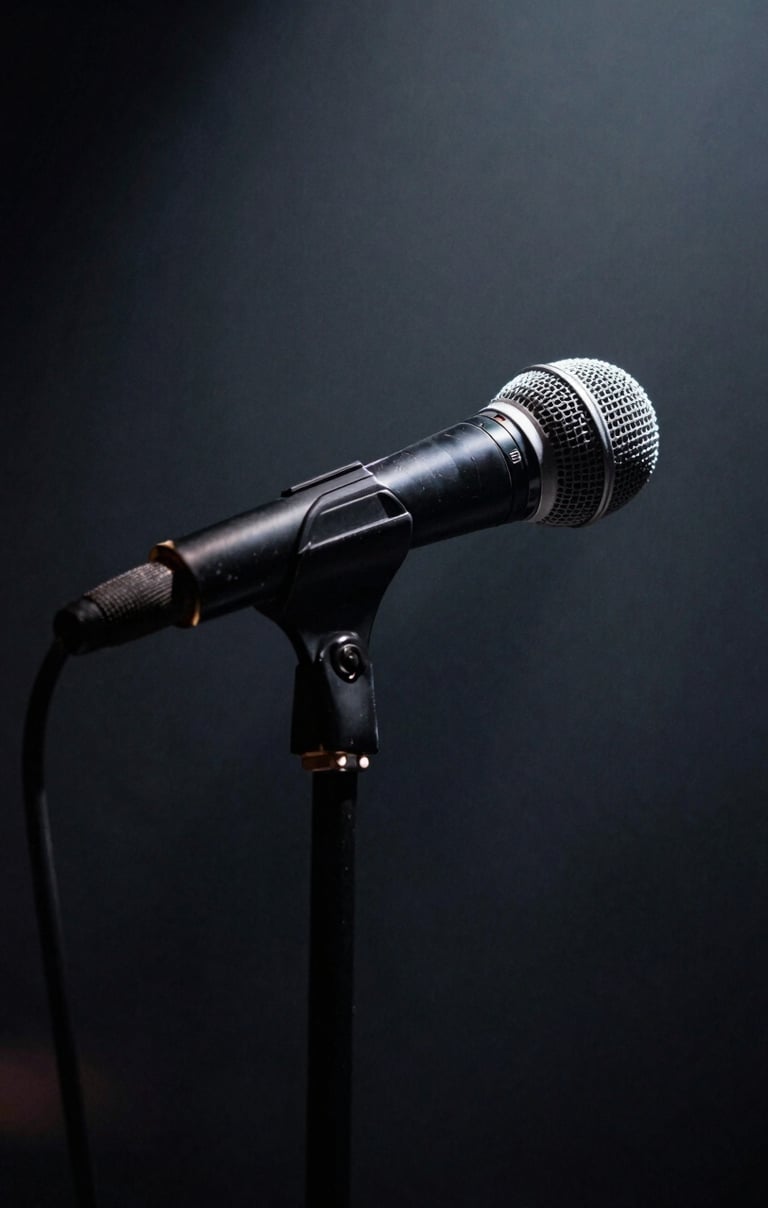 Close-up of a microphone stand bathed in a single beam of light gray light against a pitch-black background. Dark, minimalist concert photography style, captured at an intimate Western European / Dutch rock club.