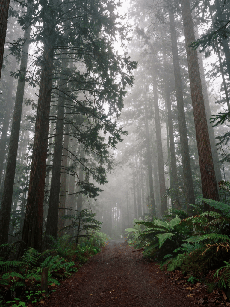 A atmospheric photograph of a foggy forest path in the Pacific Northwest, tall cedar and fir trees disappearing into the white mist, tranquil and immersive North American wilderness scene.