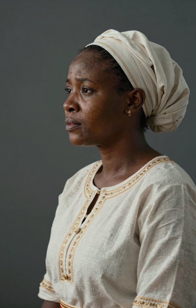 Still frame from a documentary showing an Angolana woman in traditional dress, emotional profile, cinematic lighting, with soft off-white and deep dark slate grey background.