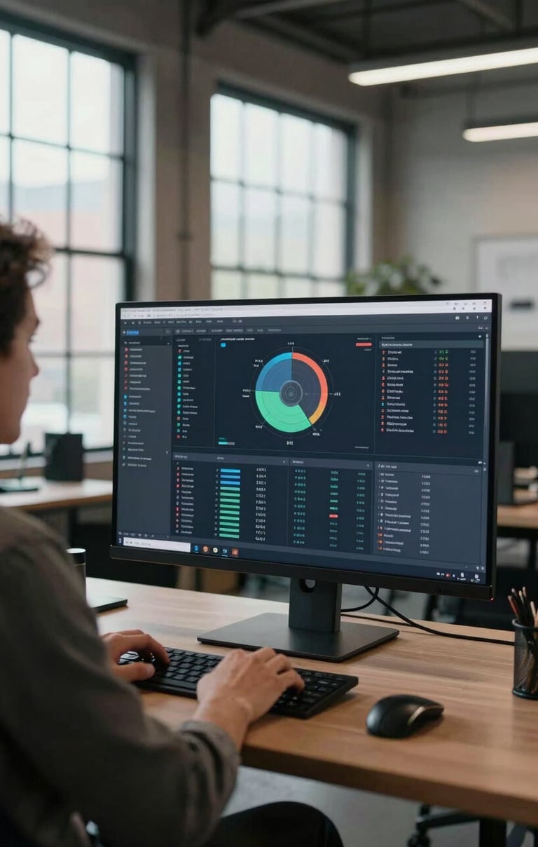 A professional in business casual attire working on a large desktop monitor displaying a complex data dashboard, located in a modern North American / US creative studio with industrial windows.