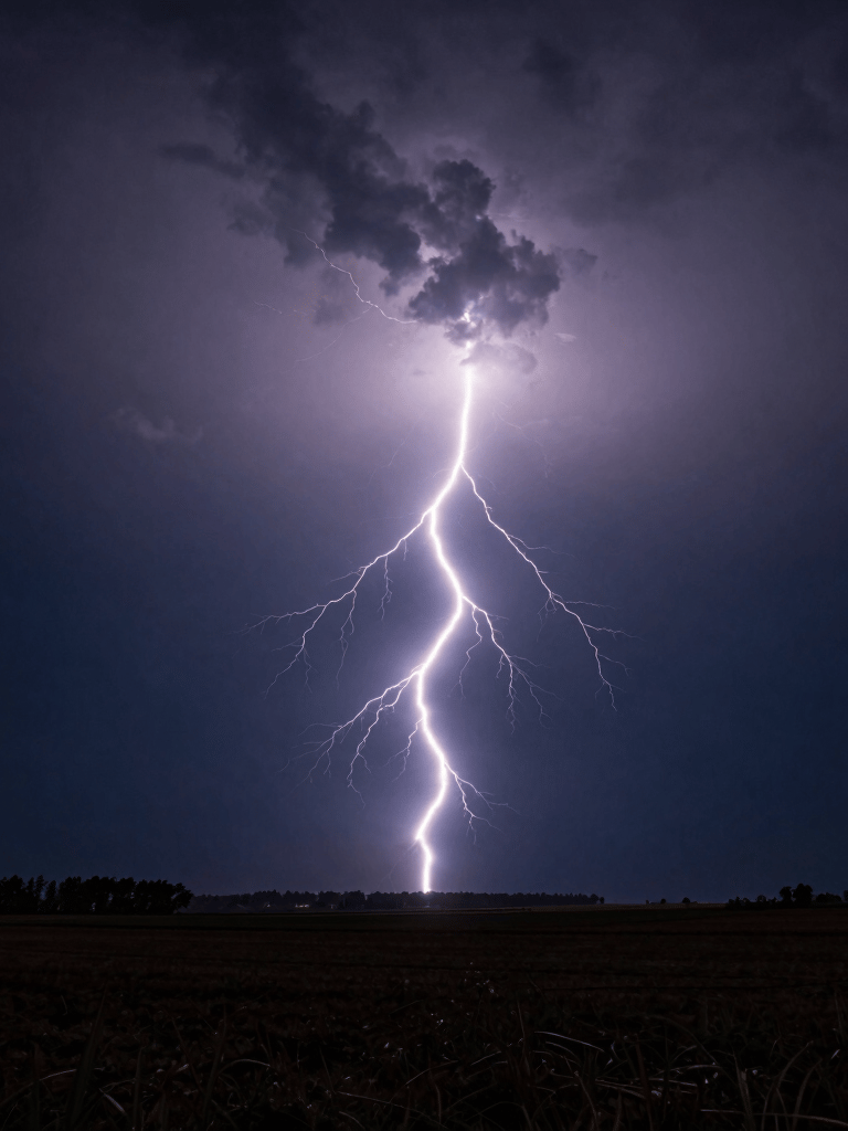 A powerful lightning strike illuminates a midnight navy sky over a quiet rural landscape, long exposure, sharp details, minimalistic horizon, International / Western.