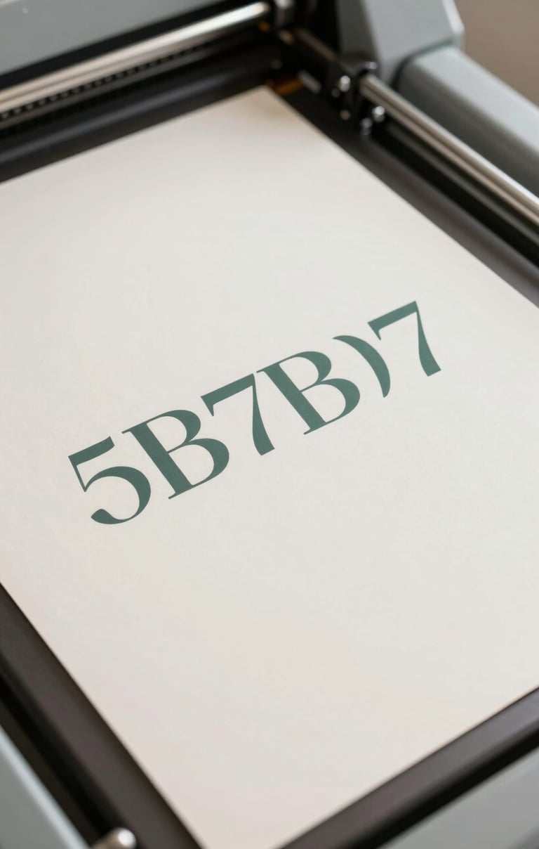 A high-angle shot of a minimalist editorial layout on a printing press, showing refined typography on heavy cream paper with hints of #5B7B71 ink. The lighting is crisp and professional, emphasizing paper texture.