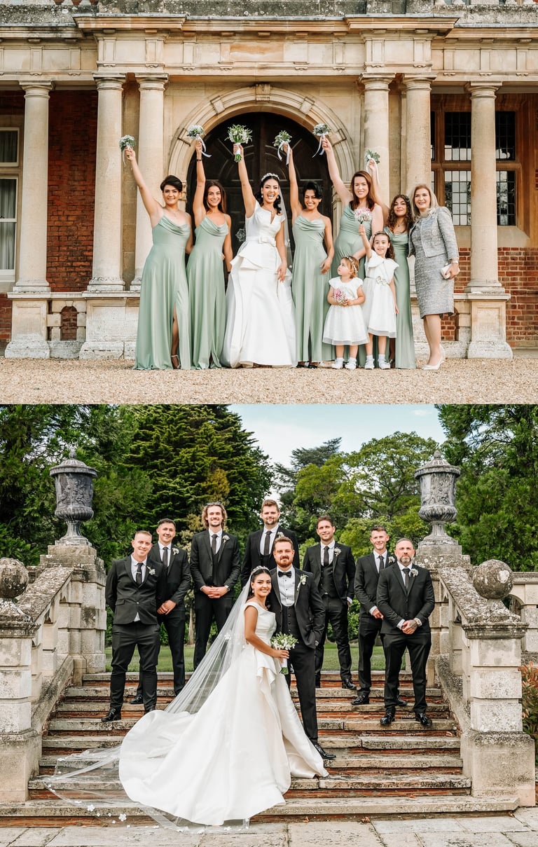a bride and groomsmid posing for a wedding photo