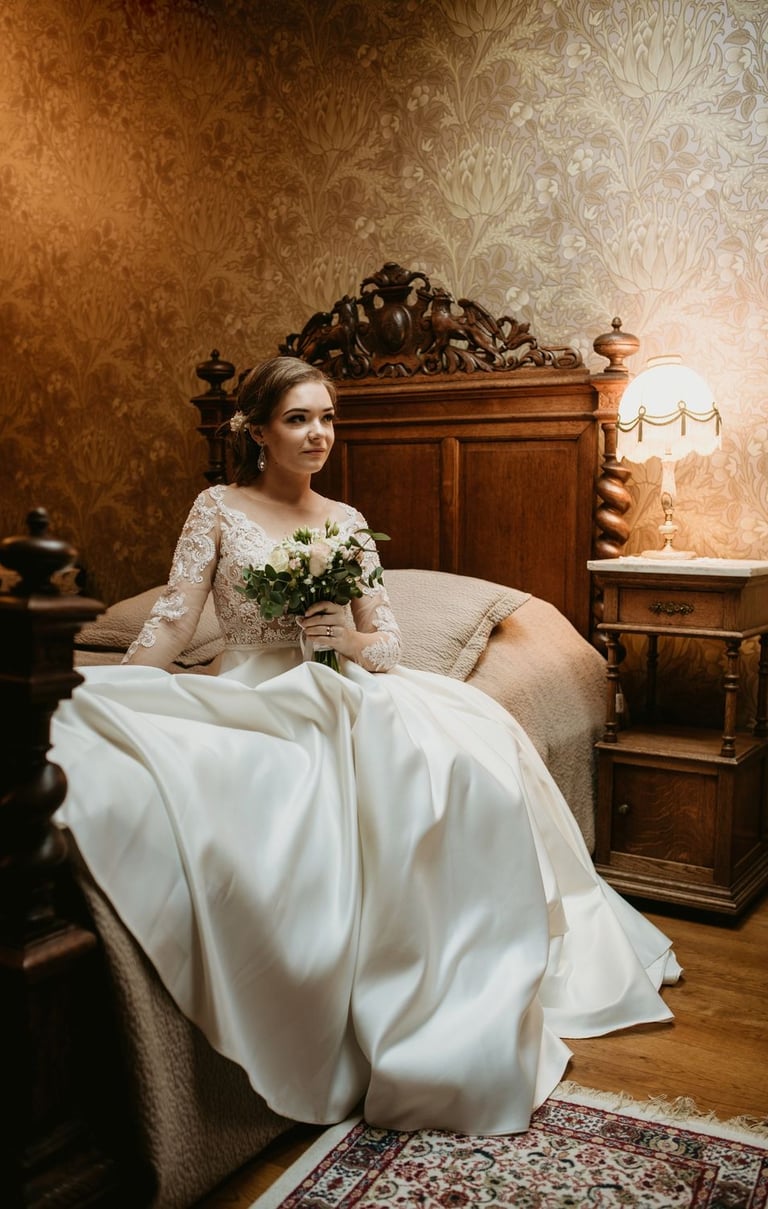 a bride in a white wedding dress sitting on a bed. boudoir
