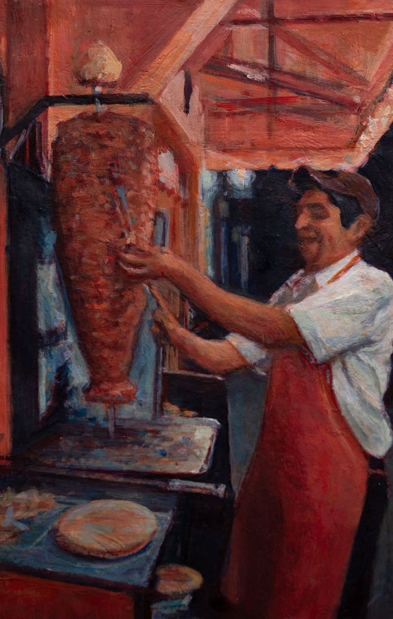Pintura al óleo de un taquero con mandil sirviendo un taco al pastor frente a un trompo al pastor