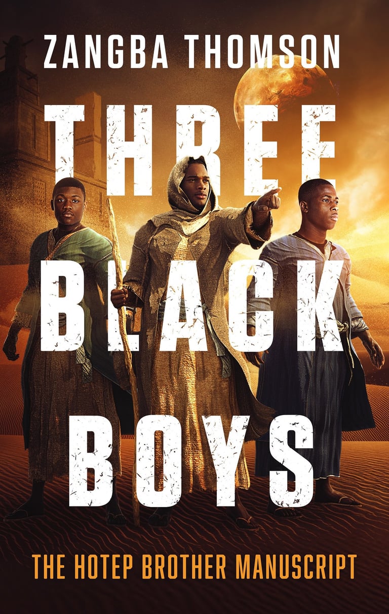 Book cover for Three Black Boys: The Hotep Brother Manuscript by Zangba Thomson featuring three young men in a desert.