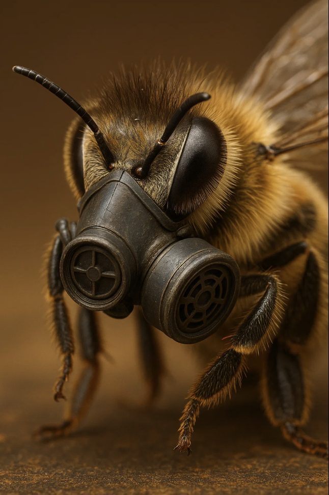 Abeille avec un masque à gaz pour la journée mondiale des abeilles.