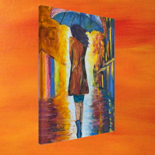 a painting of a woman walking down a street
