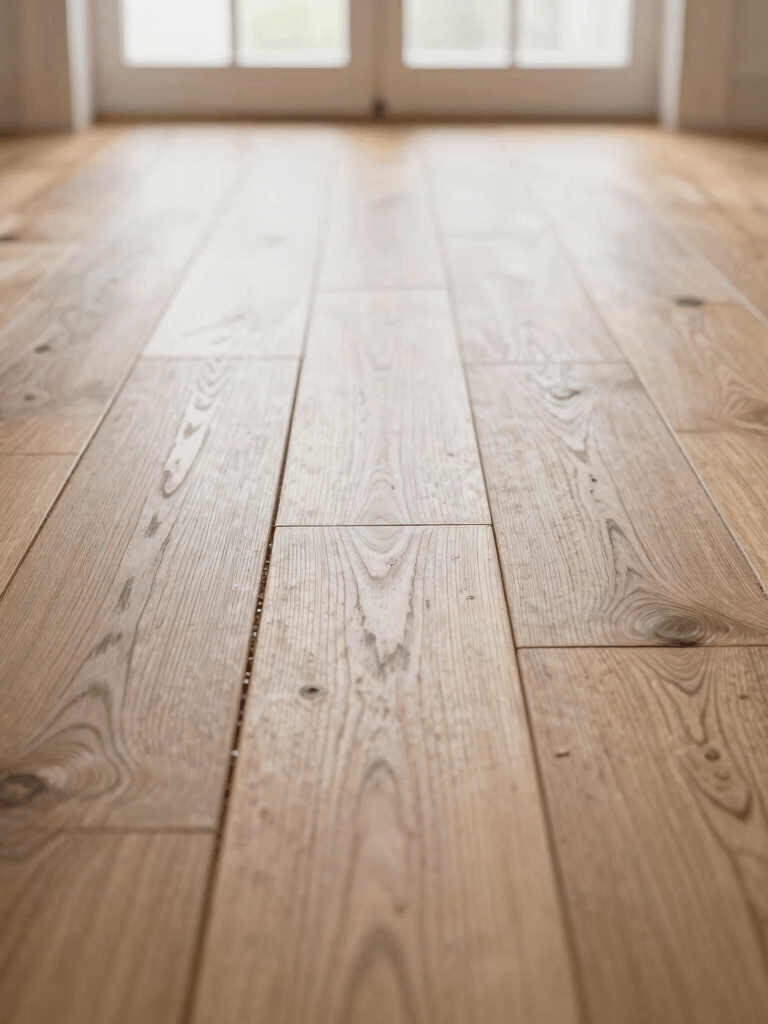 Low-angle macro shot of perfectly aligned oak hardwood flooring planks, showing tight, seamless joints under bright natural window light, dust-free and clean.