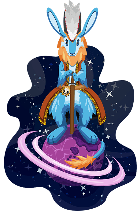 Hasur en pirate de l'espace posant fièrement sur une planète